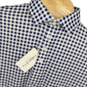 Collars & Co Semi Spread Dress Collar Polo Shirt Mens M Navy Gingham Performance
